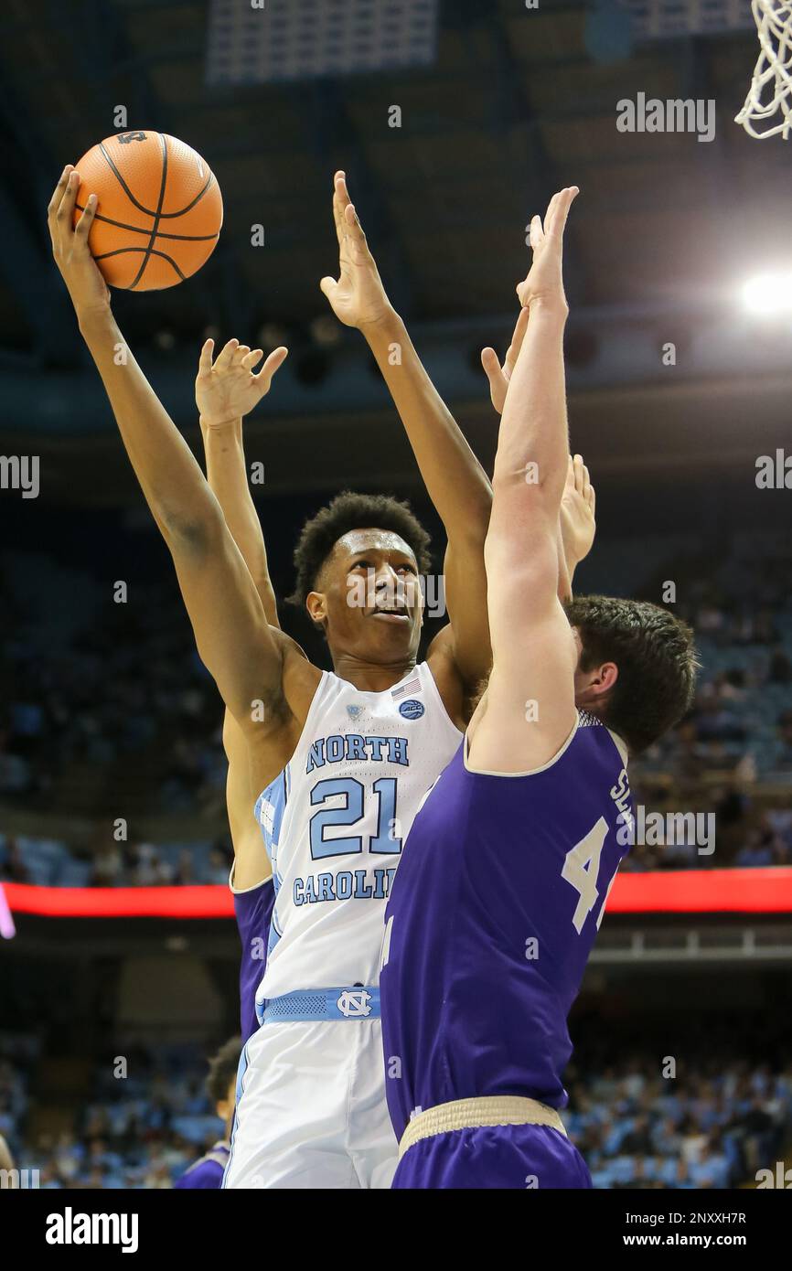 CHAPEL HILL, NC - DECEMBER 06: North Carolina guard Theo Pinson (1) makes a  layup during the game between the North Carolina Tar Heels and the Western  Carolina Catamounts on December 6
