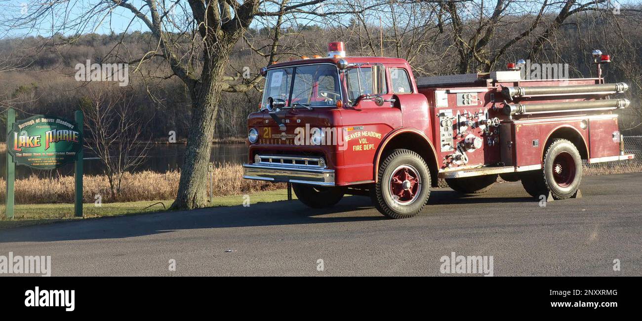 A 1971 Ford American/LaFrance pumper sits near Lake Marie in Beaver