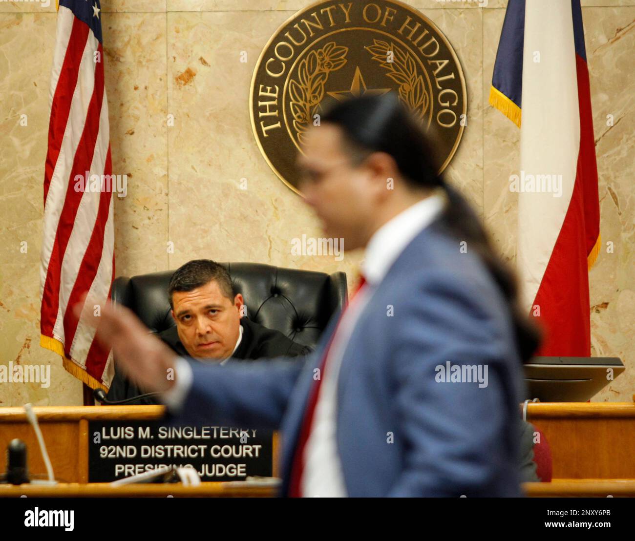 92nd state District Court Judge Luis Singleterry listens to defense