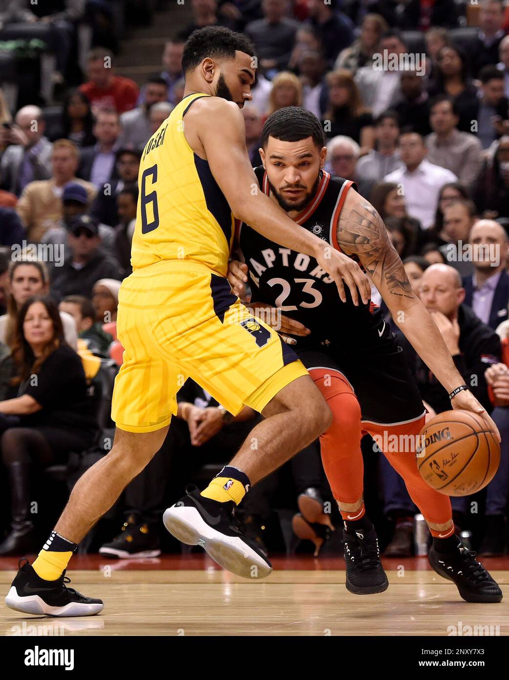 Toronto Raptors guard Fred VanVleet (23) drives around Indiana Pacers ...