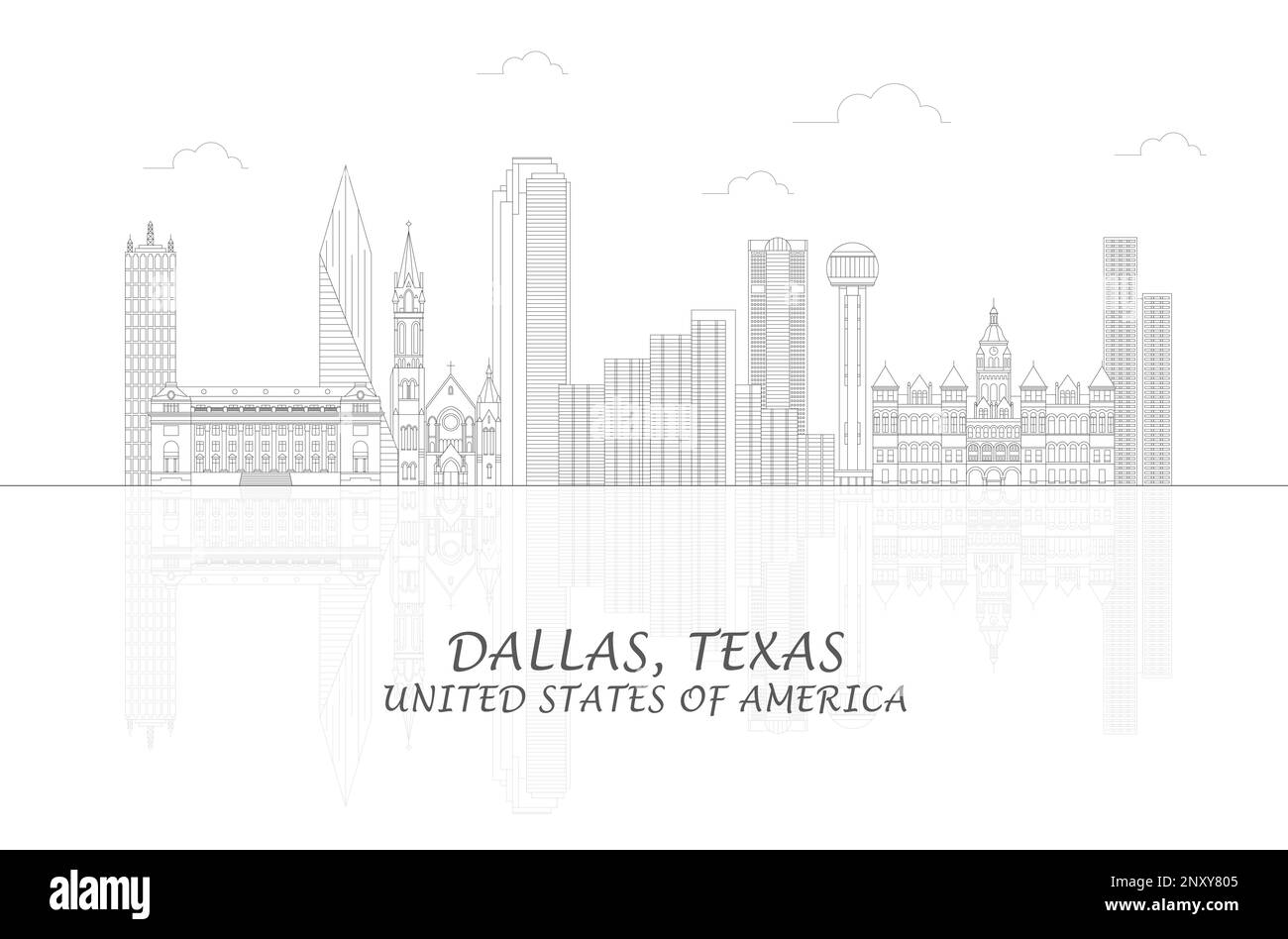 Outline Skyline panorama of city of Dallas, Texas, United States