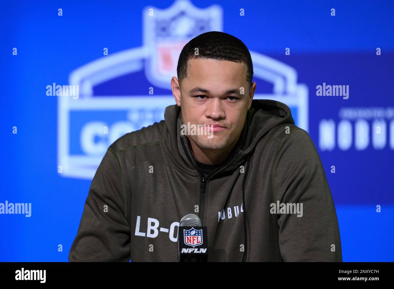 INDIANAPOLIS, IN MARCH 01 Army linebacker Andre Carter II answers
