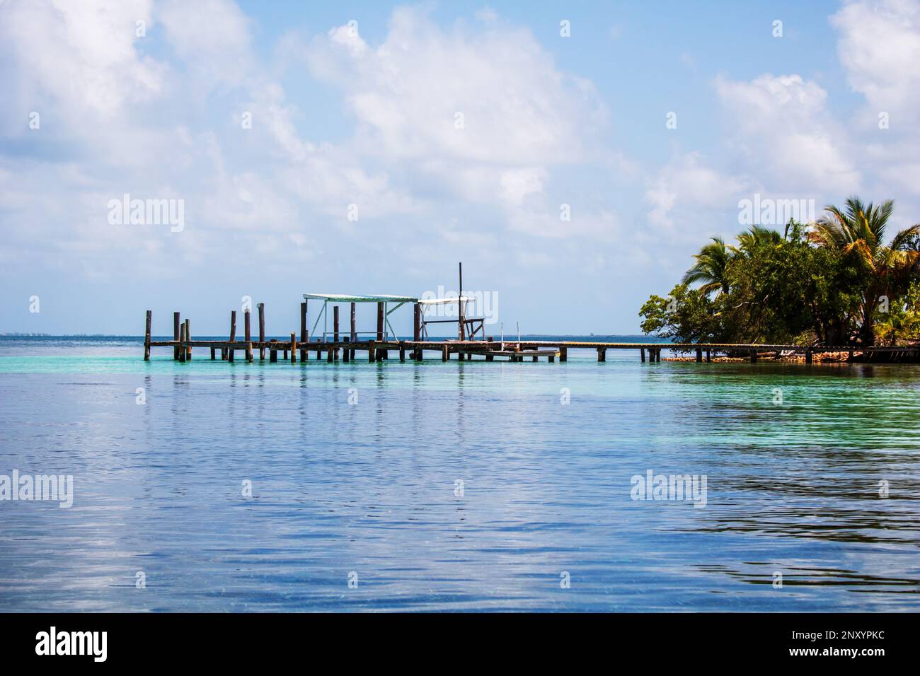 Dock on island of South Water Caye Marine Reserve in Belize Barrier Reef Stock Photo