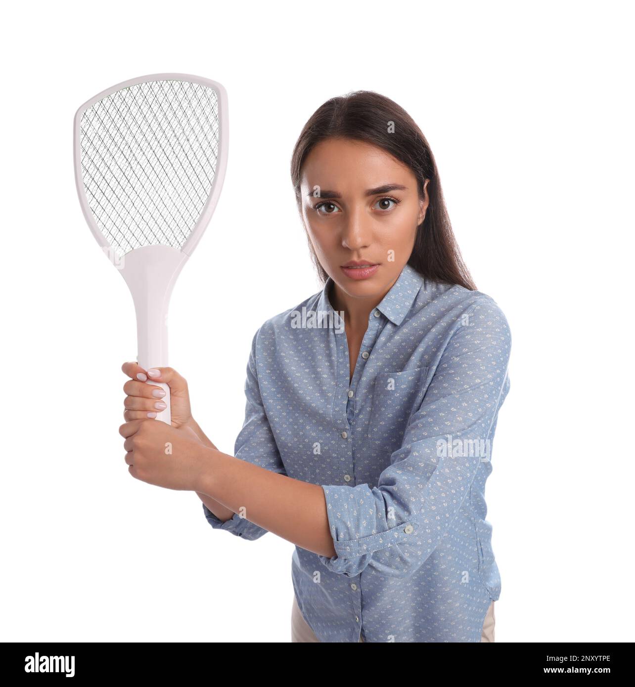 Young woman with electric fly swatter on white background. Insect