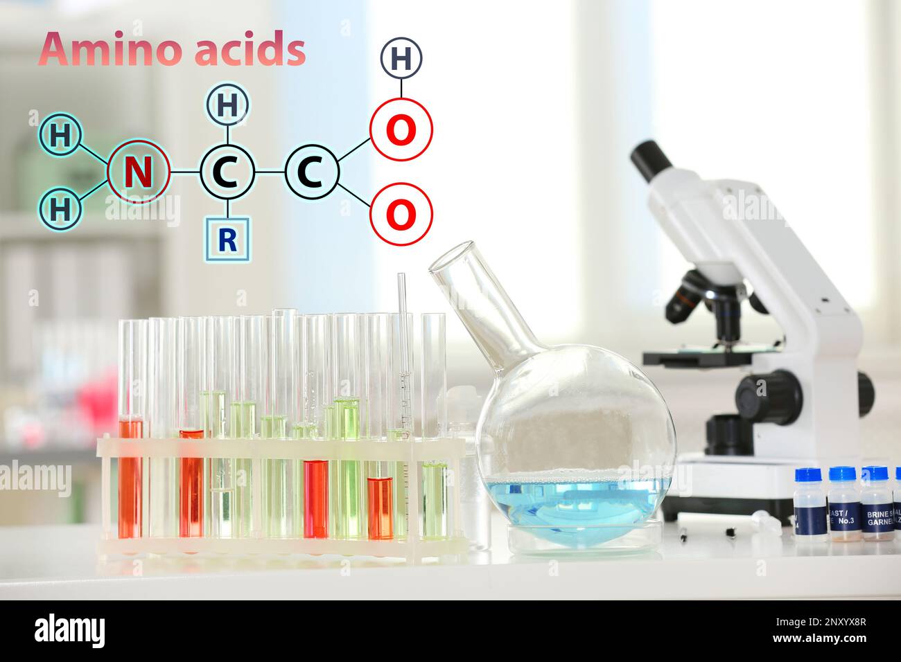 Amino Acids chemical formula, illustration. Laboratory glassware and