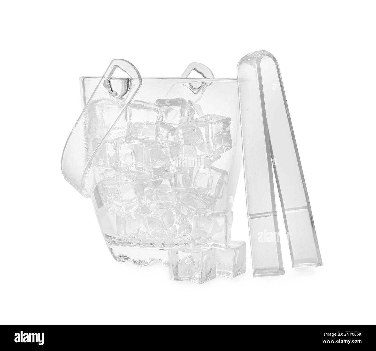 Glass bucket with ice cubes and tongs on white background Stock Photo