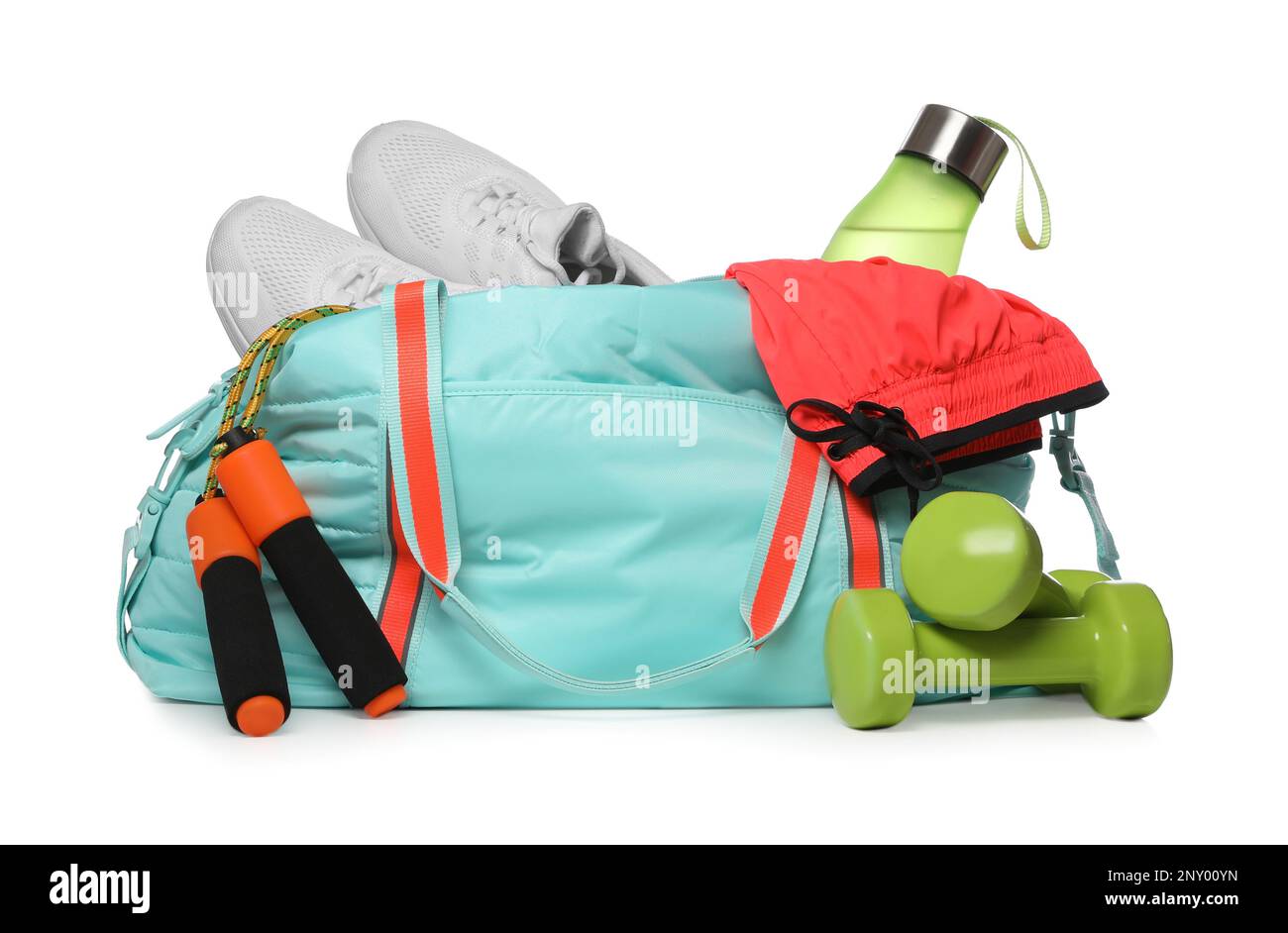 Bag with different sports equipment on white background Stock Photo - Alamy