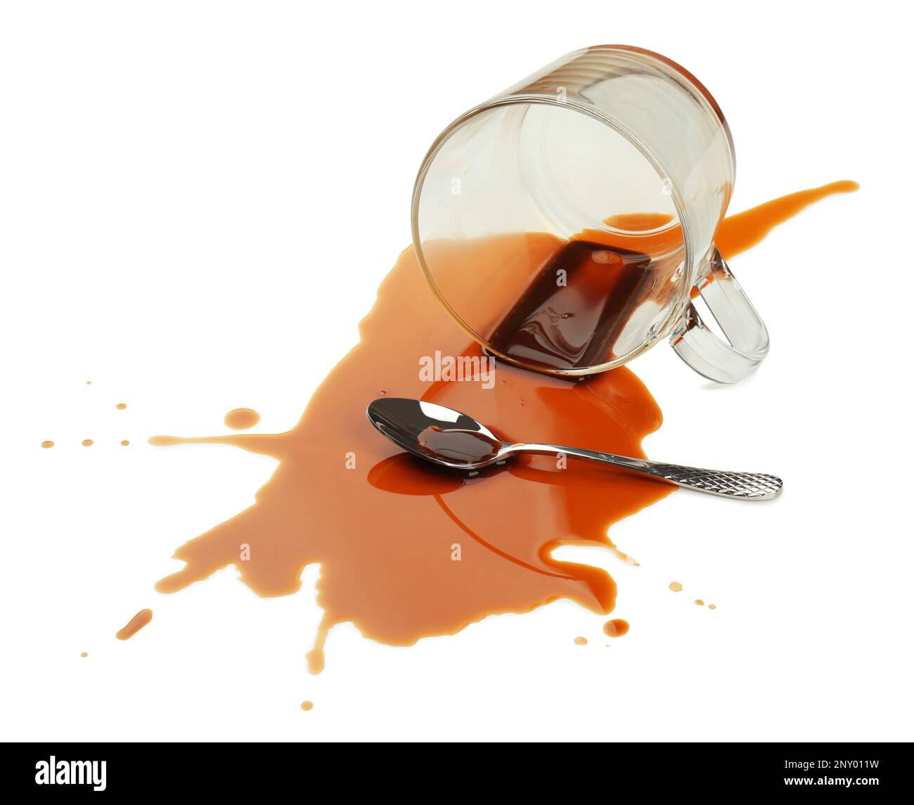 Overturned cup and spilled coffee on white background Stock Photo