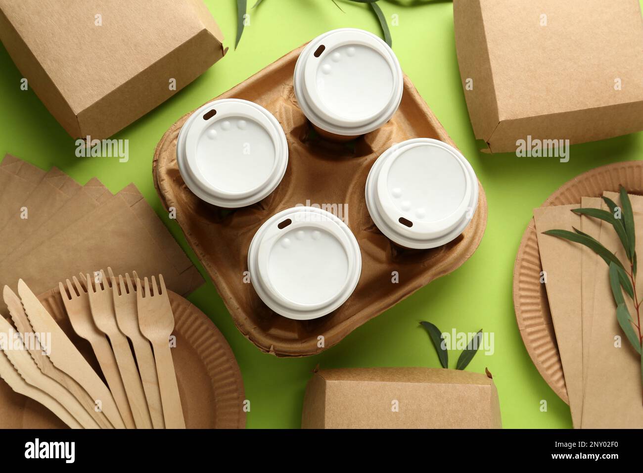 Flat lay composition with eco friendly products on light green ...