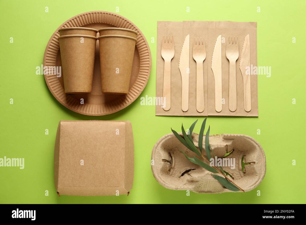 Flat lay composition with eco friendly products on light green ...