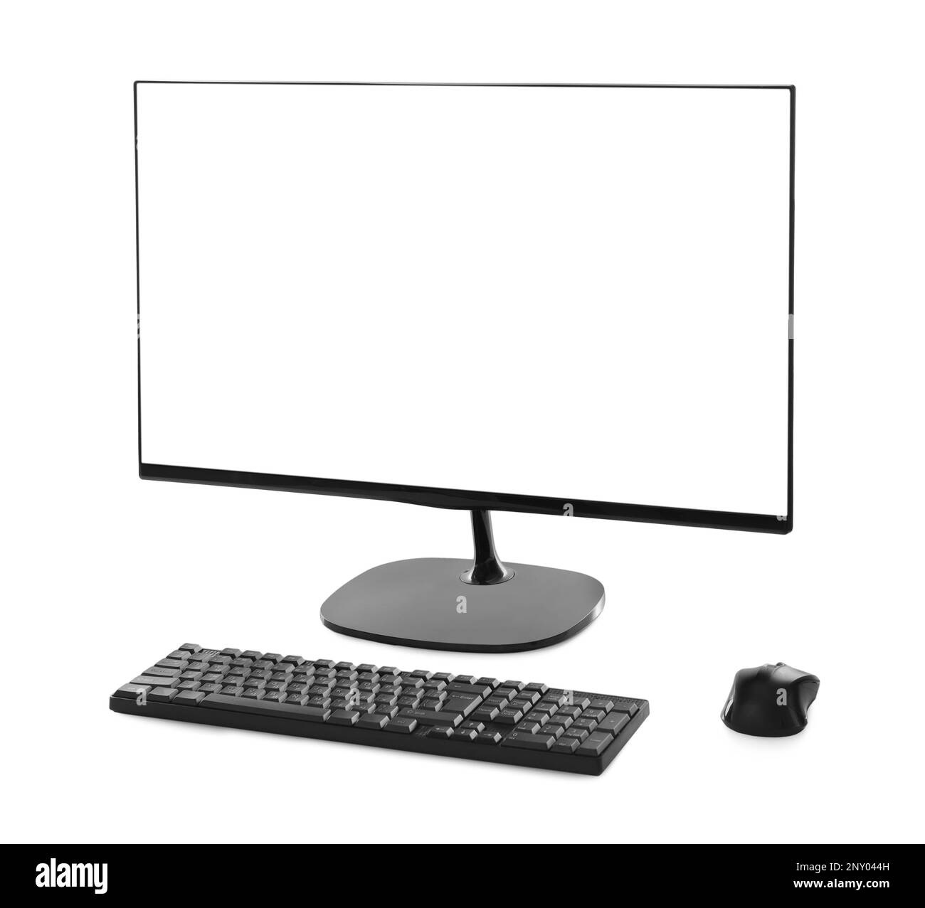 Modern computer monitor with black screen keyboard and mouse on white