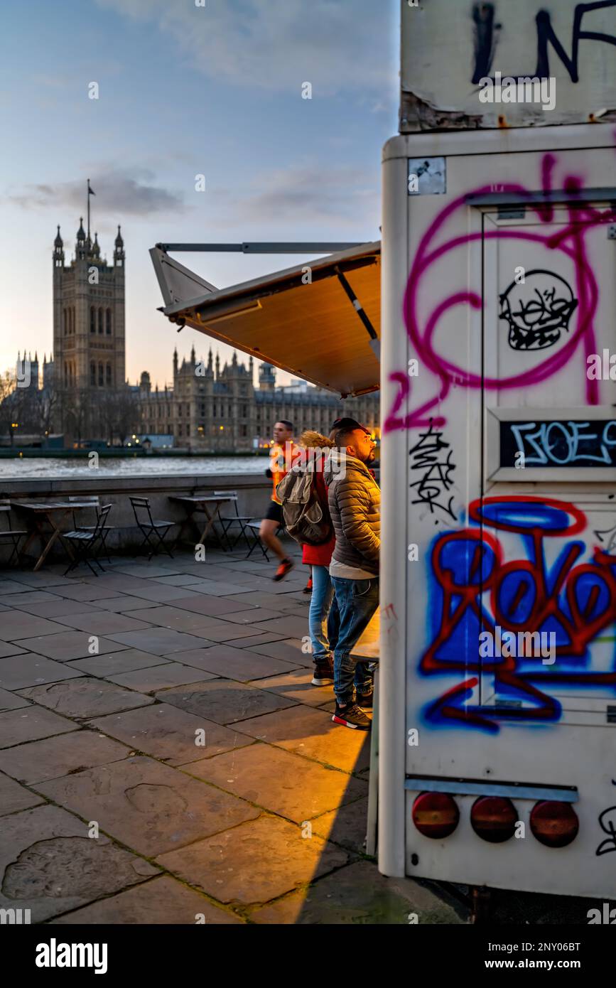 Graffitti Cafe Opposite the Houses of Parliament, London, England Stock Photo