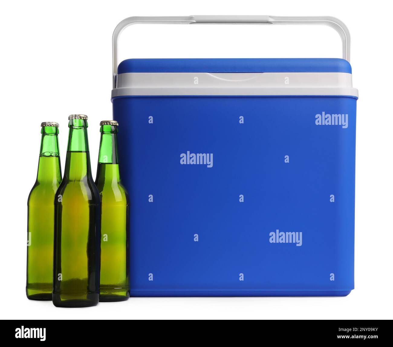 Blue Plastic Cool Box With Bottles Isolated On White Stock Photo Alamy