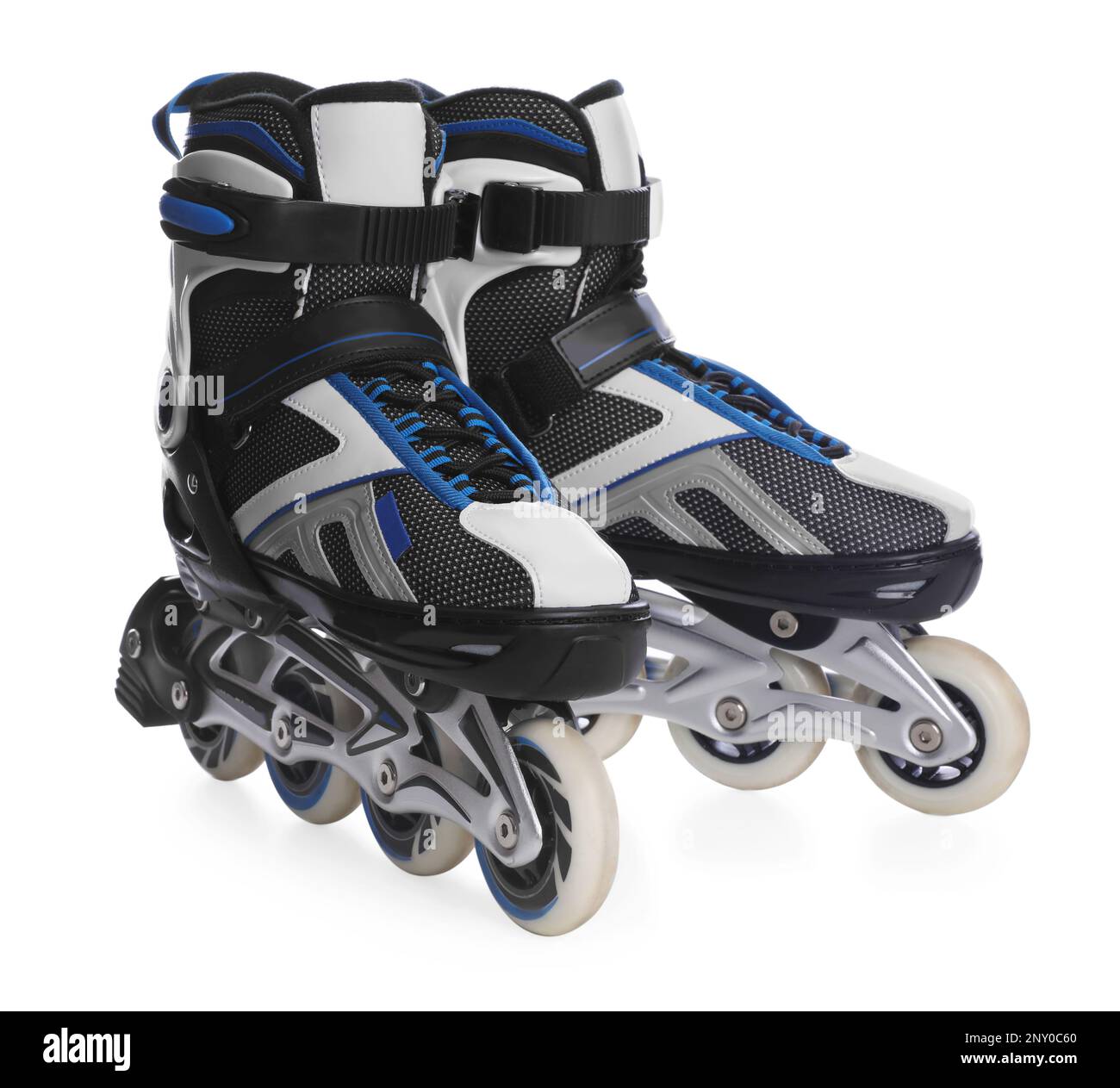 Pair of inline roller skates on white background. Sports equipment