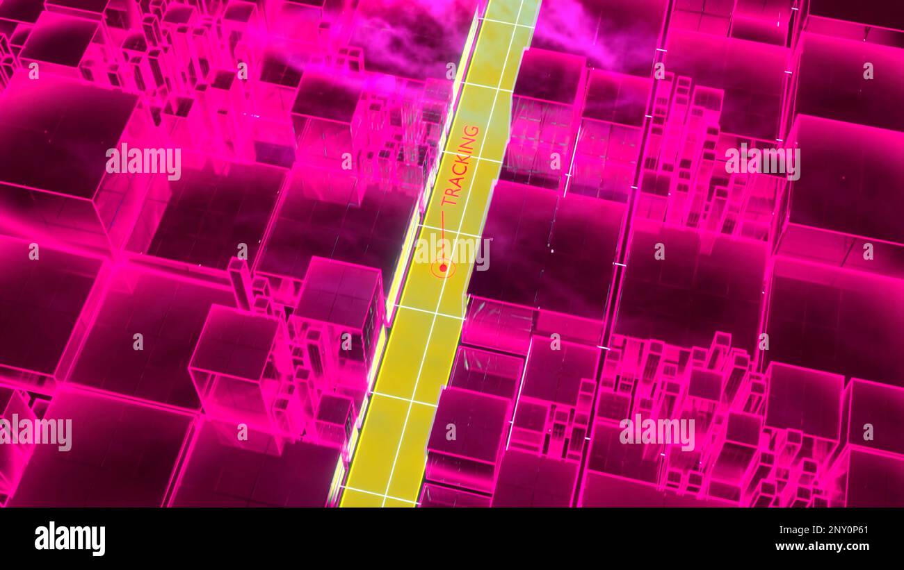 Yellow road with a pink wall next to it. Design.A small red dot that