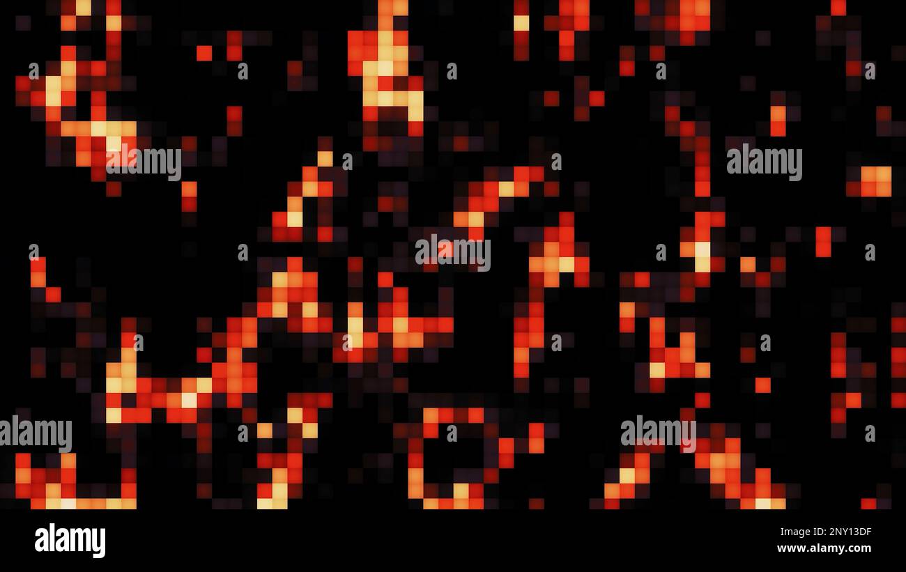 Shimmering pixel pattern moves on black background. Motion. Bright