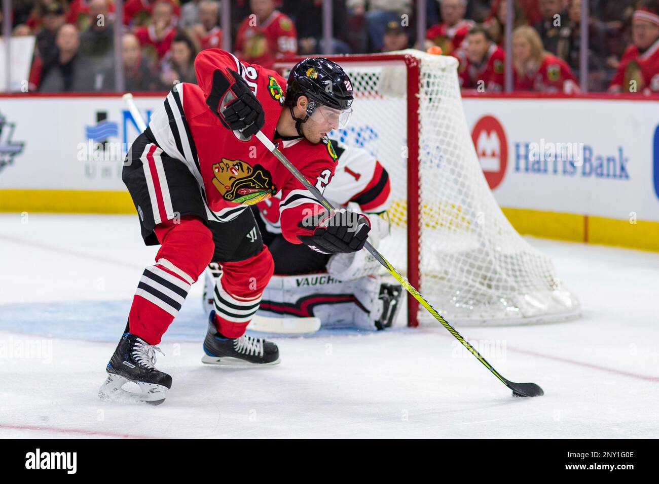 November 12, 2017: Chicago, Illinois, U.S. - Blackhawk #20 Brandon Saad in  action during the National Hockey League game between the Chicago  Blackhawks and the New Jersey Devils at the United Center