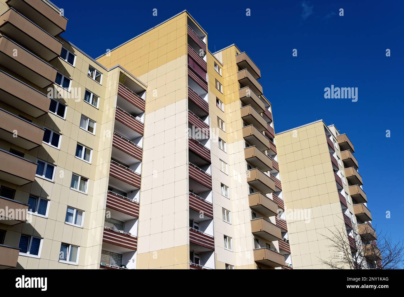 light beige and brown high-rise with dark brown balconies in cologne kalk Stock Photo