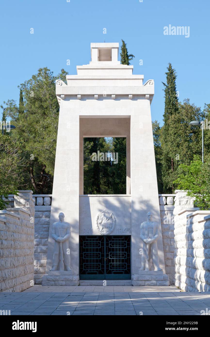 The Partizan-fighter monument (Serbian: Споменик Партизану-борцу) is a monumental memorial complex on Gorica Hill in the city of Podgorica, Montenegro Stock Photo