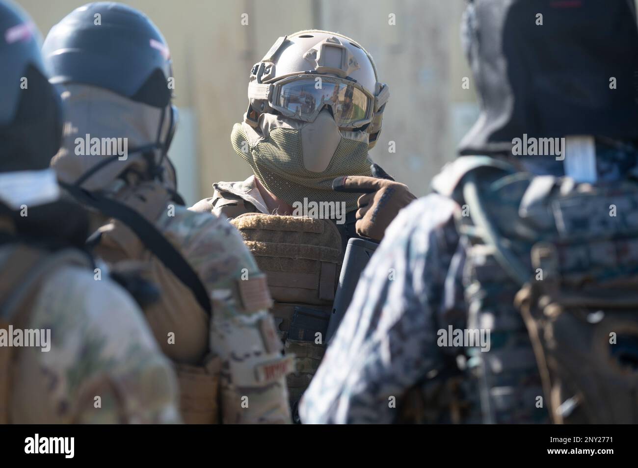 A U.S. Air Force member of the 736th Security Forces Squadron prepares