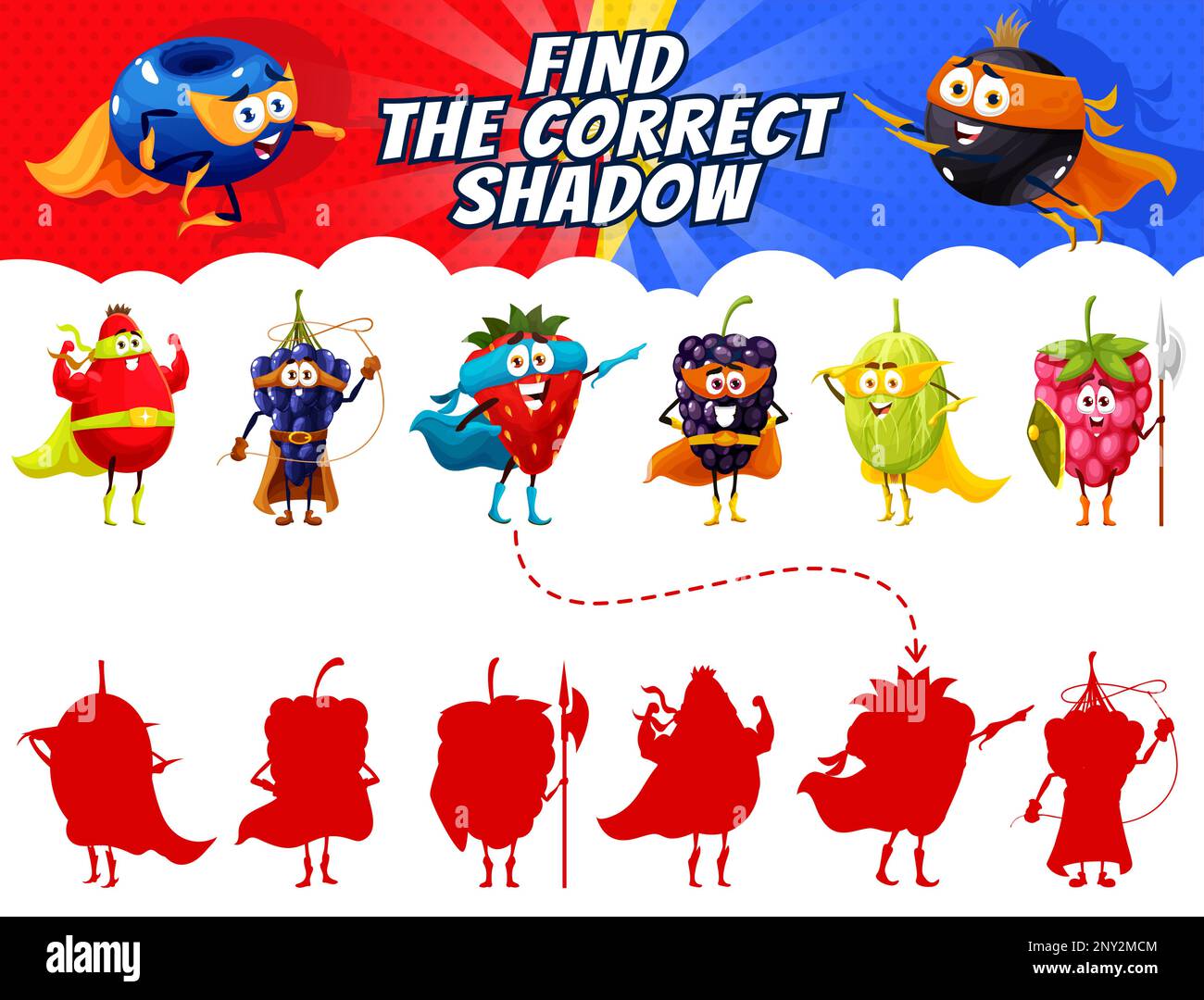 Raspberry Superhero Find the correct shadow of cartoon superhero berry characters. Kids ...