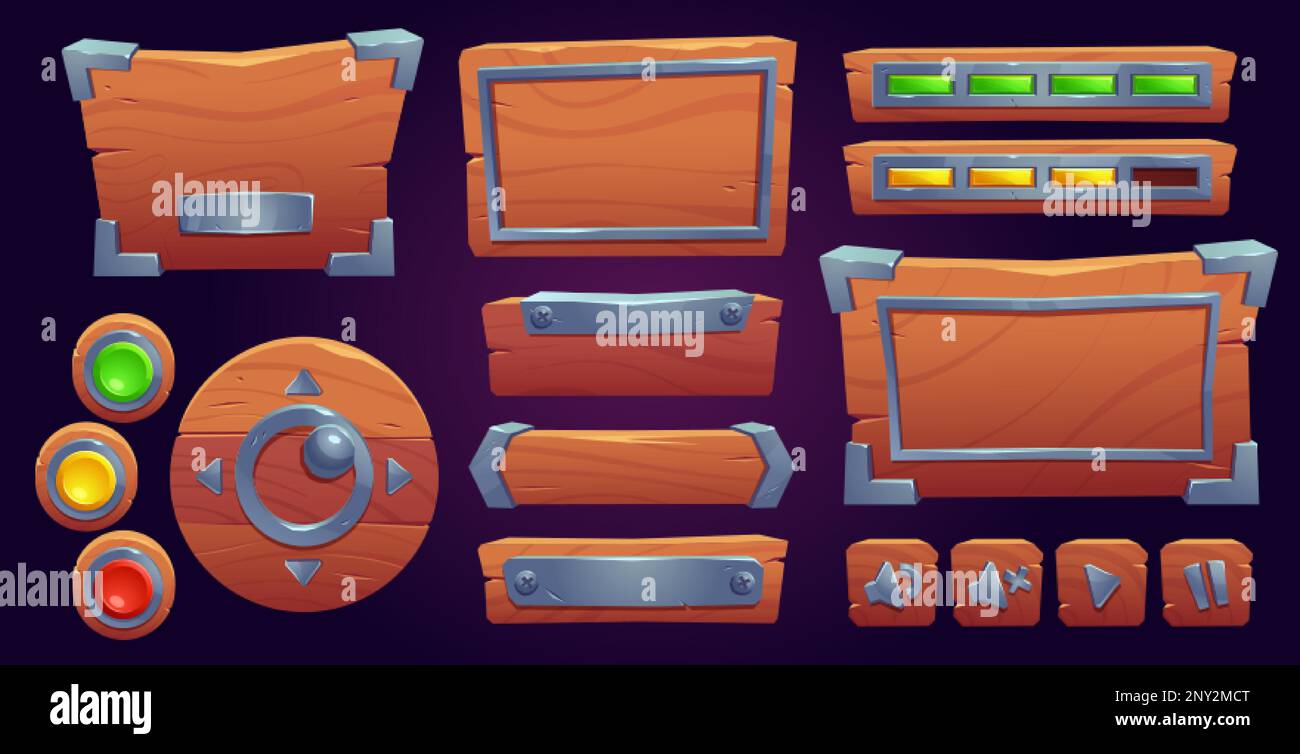 Set of wooden game ui board templates isolated on background. Vector