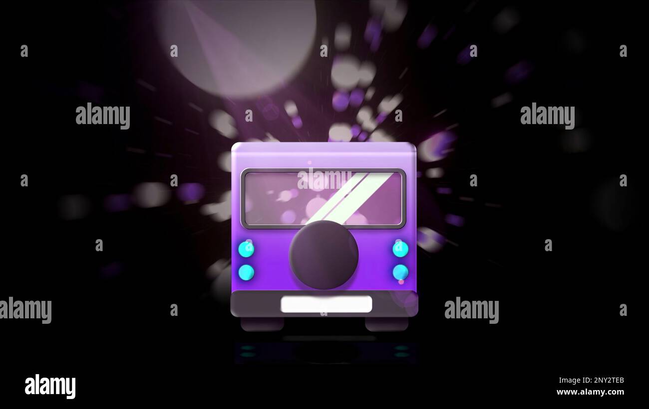 Rear view of a bus or a car driving on a black background with flying circles and rays. Motion. Concept of road trip Stock Photo
