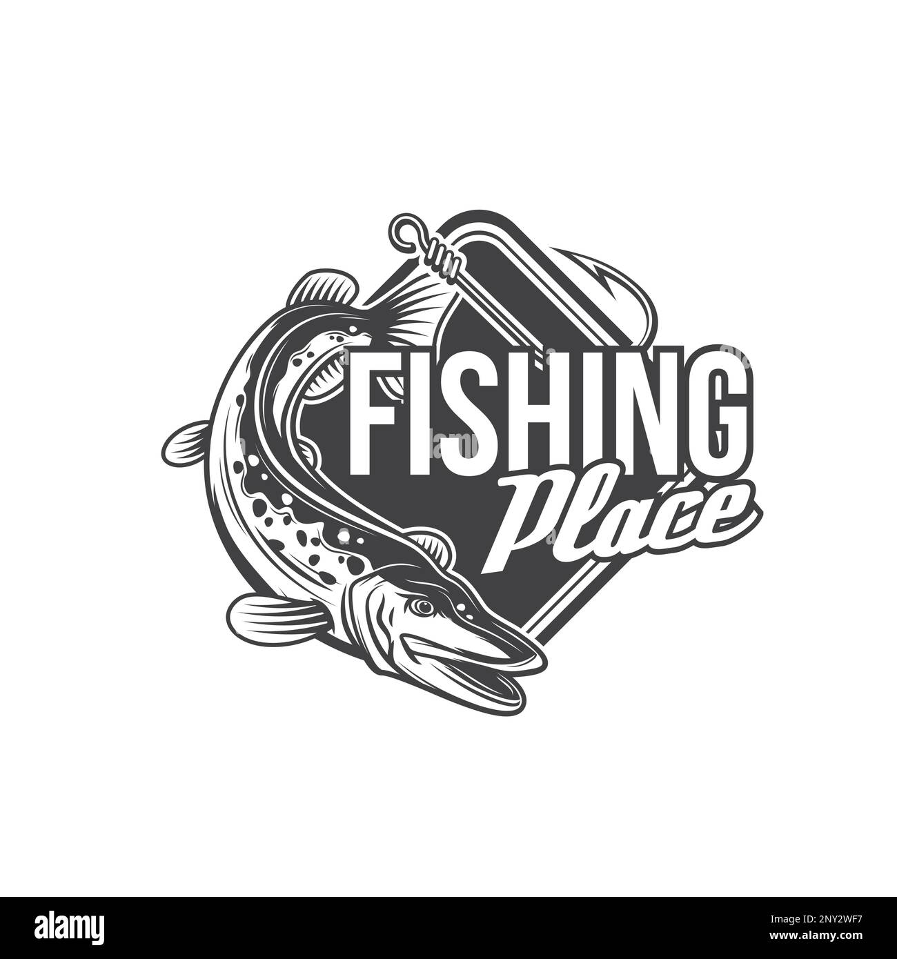 Pike fishing icon, vector fish and fisherman tackle hook. Fishing sport  equipment and angler items with