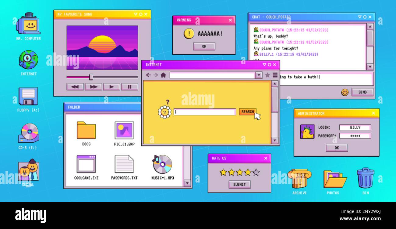 Retro software windows on computer desktop. Vector illustration of chat messenger, media player, internet connection, login, system error warning boxe Stock Vector