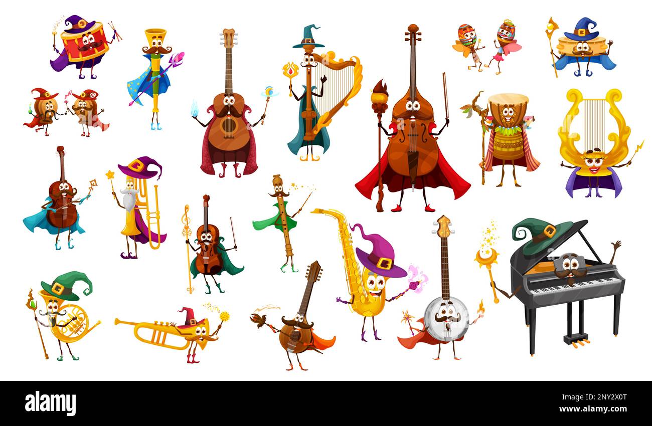 Cartoon musical instrument wizard, warlock, fairy and witch, magician