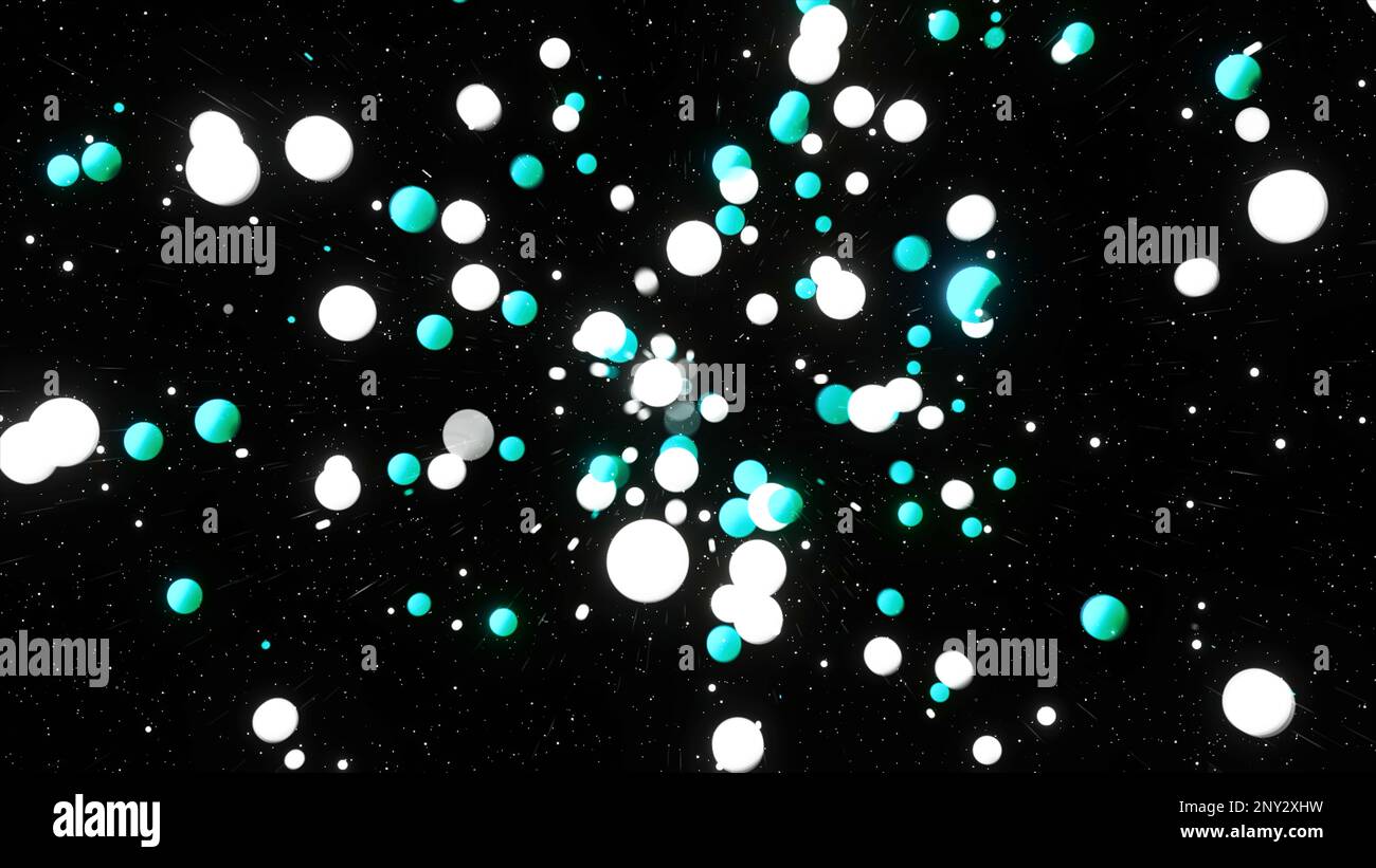 Abstract white and golden flying spheres on a black background. Motion. Concept of celebration, flying confetti Stock Photo