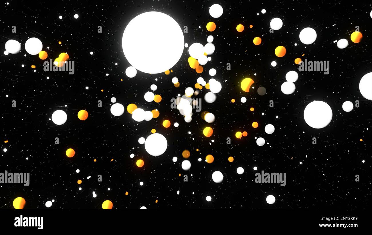 Abstract white and golden flying spheres on a black background. Motion. Concept of celebration, flying confetti Stock Photo