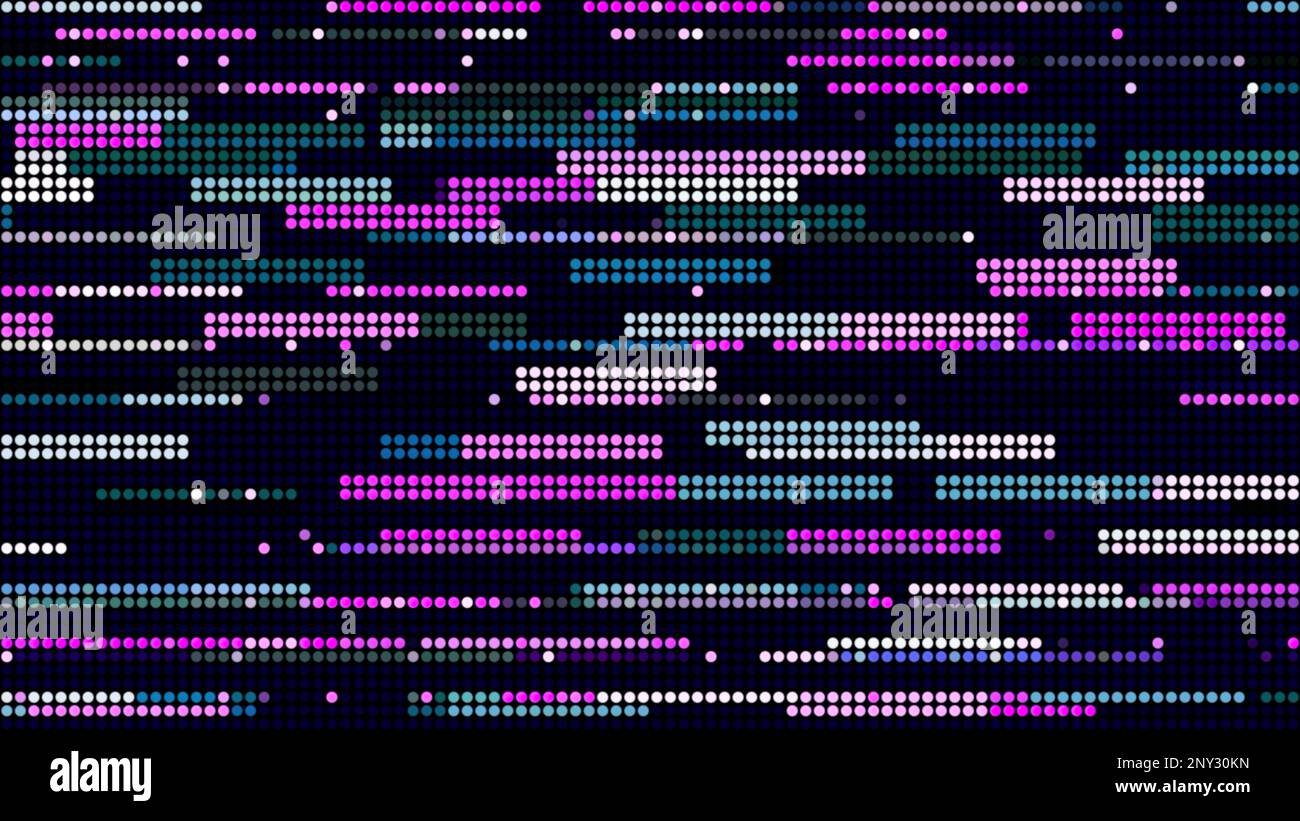 Abstract pixelated retro video game. Motion. Purple lines and dots moving on a black background Stock Photo