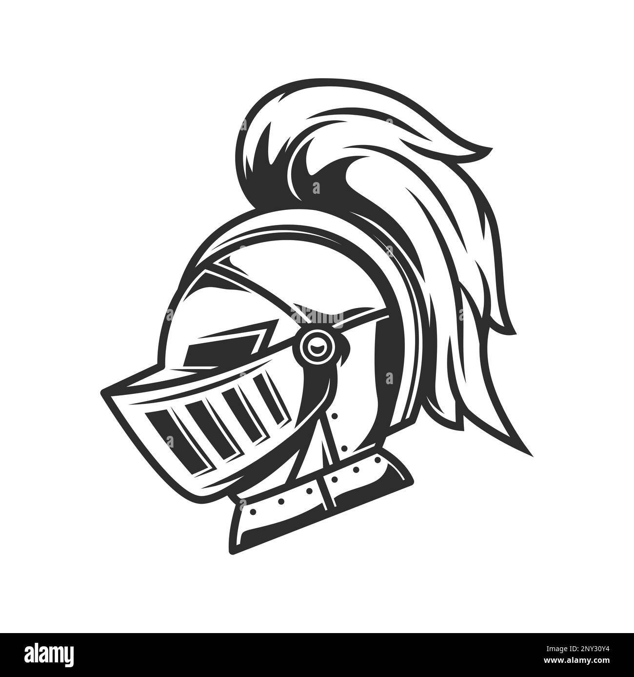 Knight warrior helmet, heraldry armor with plume. Vector great helm of medieval soldier, knight, roman gladiator, spartan fighter or greek army warrior. Ancient iron battle helmet or armet front view Stock Vector