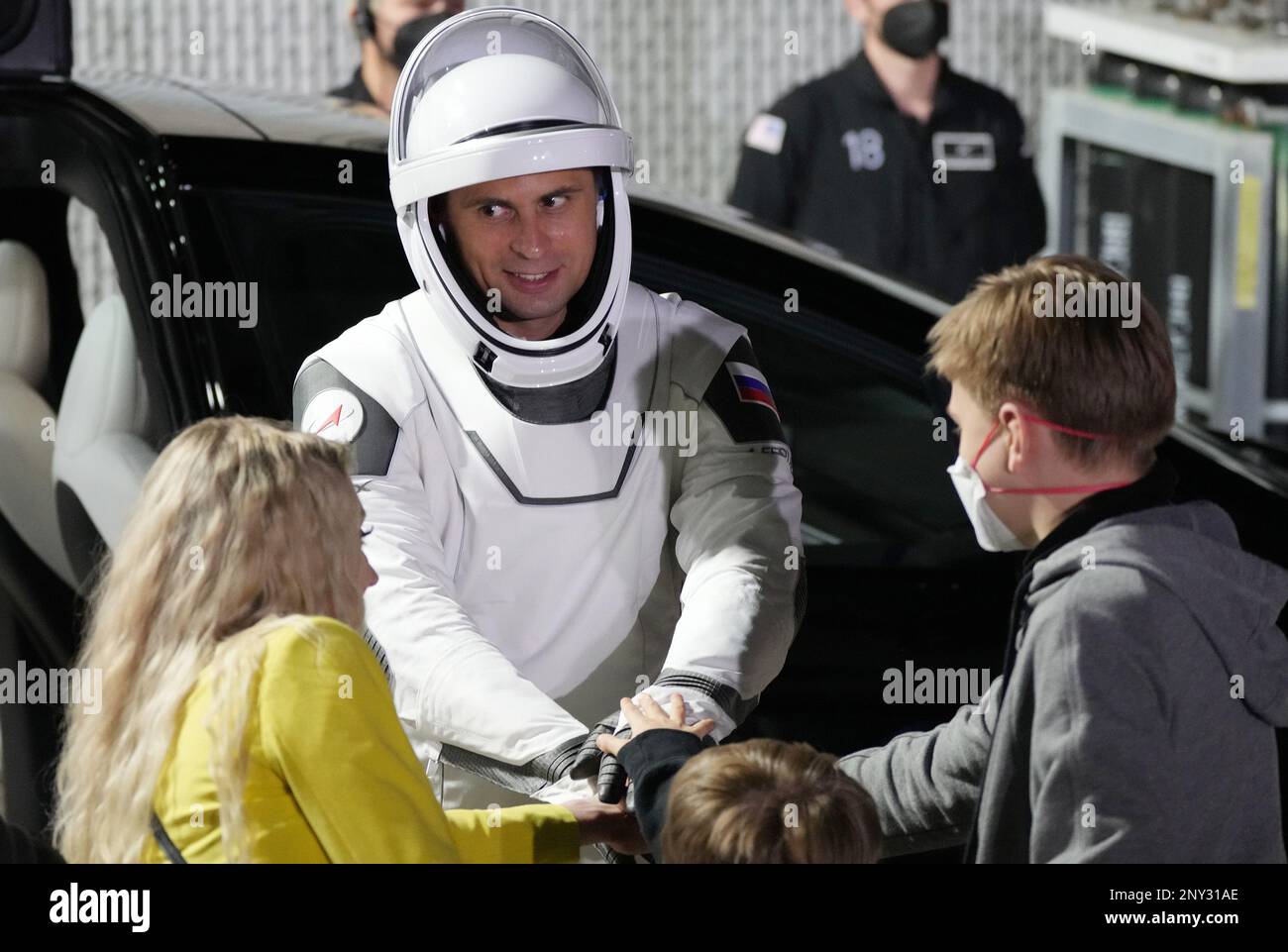 Kennedy Space Center, United States. 01st Mar, 2023. Roscosmos cosmonaut Mission Specialist Andrey Fedyaev says goodbye to his wife and sons as the SpaceX NASA Crew-6 prepare to board the Crew Dragon spacecraft 'Endeavour' for their second attempted liftoff at Kennedy Space Center, Florida on Wednesday, March 1, 2023. The other crew members are NASA astronaut Pilot Warren 'Woody' Hoburg, NASA astronaut Commander Stephen Bowen and UAE Mission Specialist Sultan Al-Neyadi. Photo by Pat Benic/UPI Credit: UPI/Alamy Live News Stock Photo