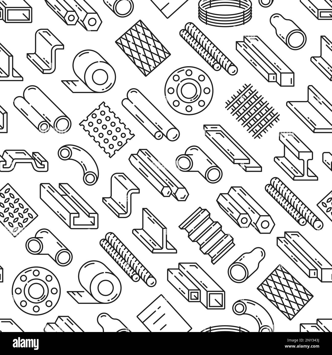 Steel and aluminum rolled metal seamless pattern. Vector repeated background with construction thin line elements pipe, rail, bar, tube or mesh profiles. Tiled backdrop with metallurgy industry items Stock Vector