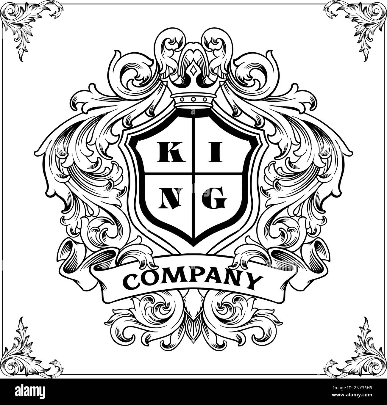 Frame badge vintage king crown floral ornament monochrome vector illustrations for your work