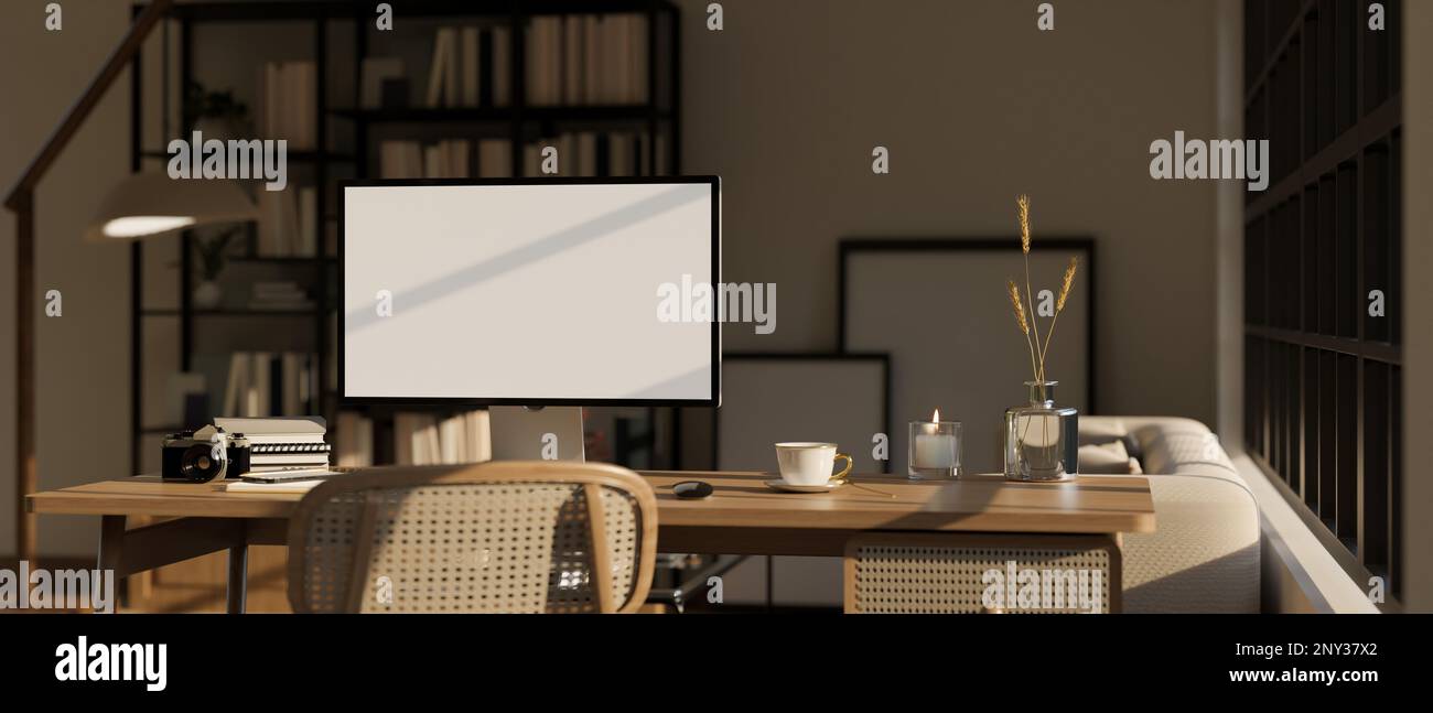 Interior design of modern home office workspace in living room with PC  desktop computer mockup and accessories on wood table. 3d render, 3d  illustrati Stock Photo - Alamy, image size:1300x647
