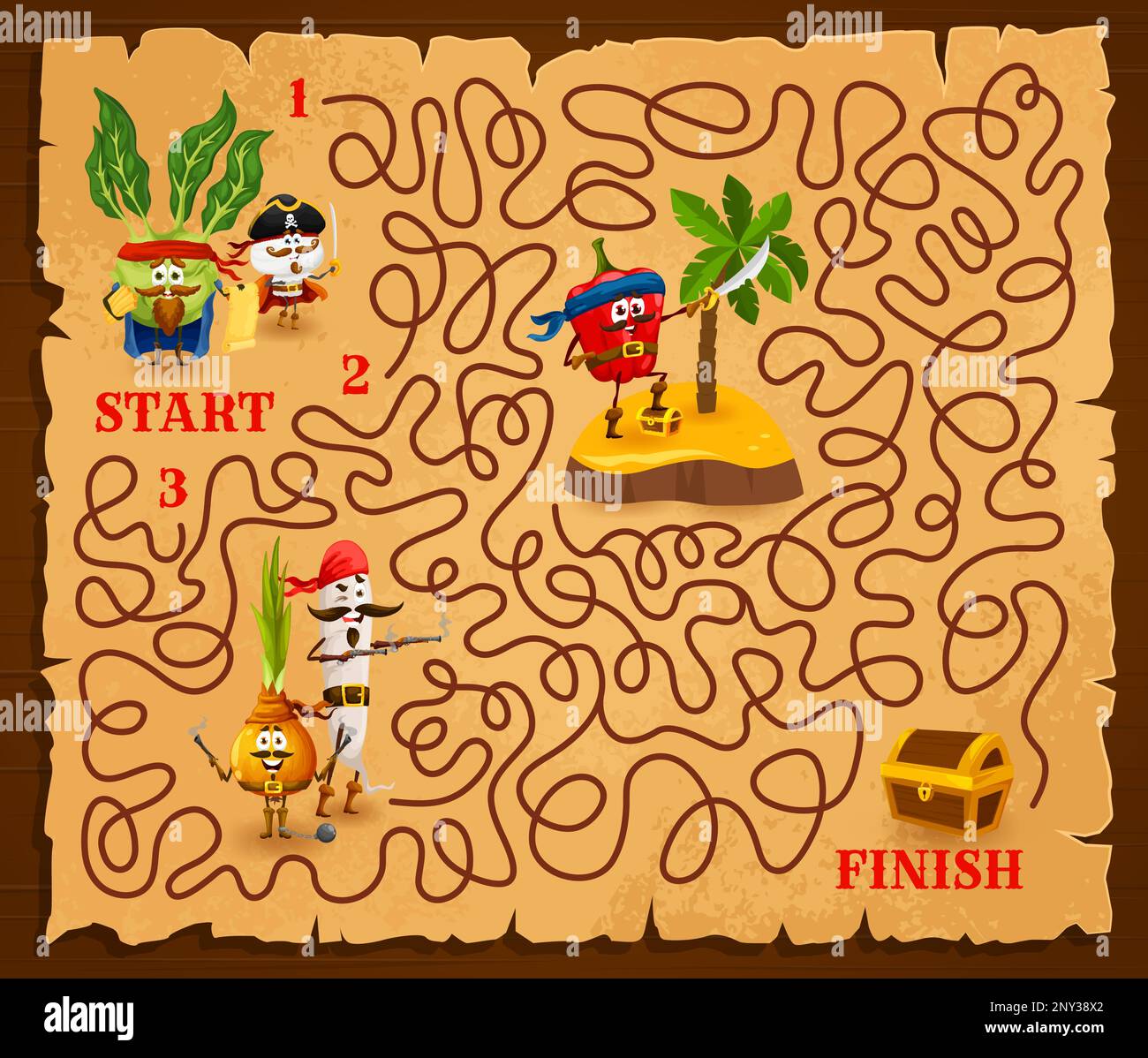 Labyrinth maze cartoon vegetable pirates and corsairs characters with ...