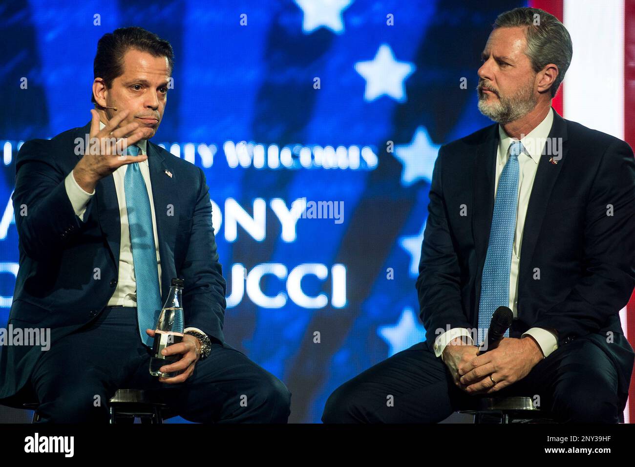 Liberty University President Jerry Falwell, Jr., right, speaks with former  White House communications director Anthony Scaramucci during convocation  at Liberty University on Wednesday, Nov. 1, 2017 in Lynchburg, Va. (Jay  Westcott/The News
