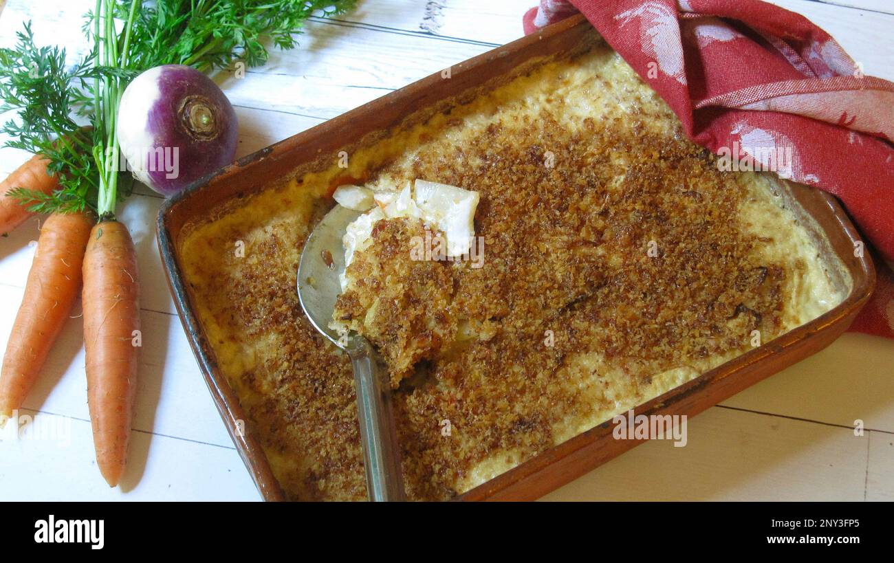 This Oct. 19, 2017 photo shows a root vegetable gratin made with