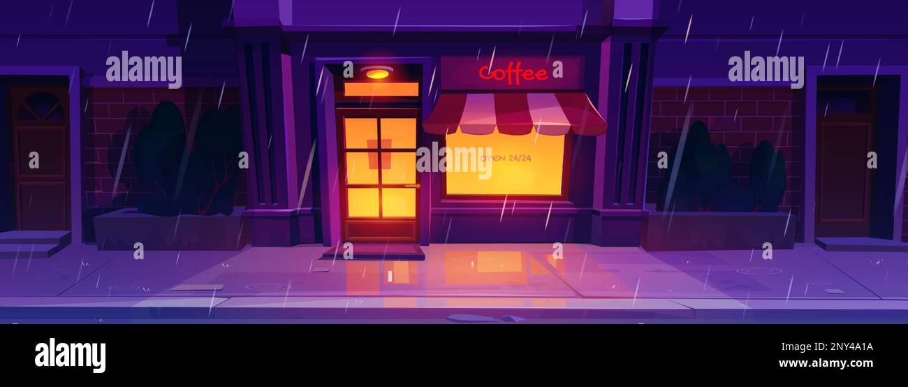 Bar on city street at night cartoon background. Rain weather town scene ...