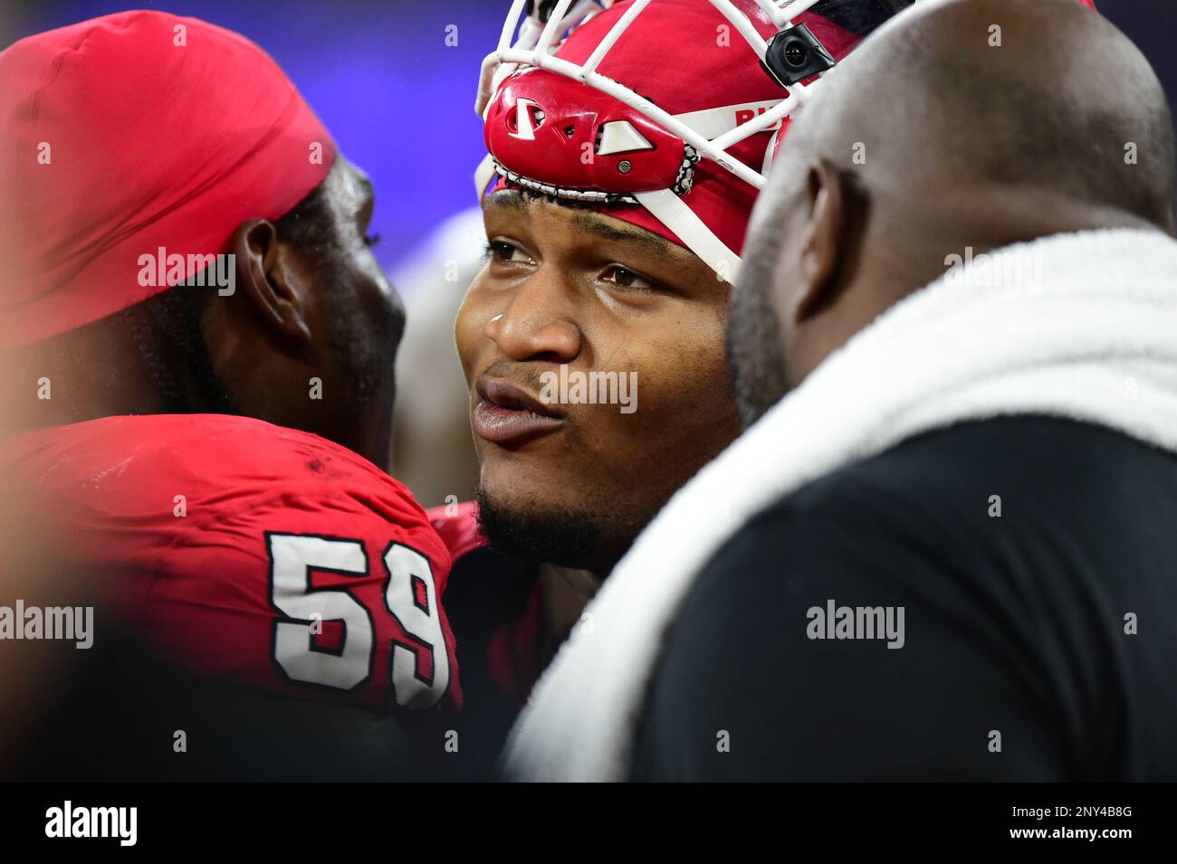 (FILE PHOTOS).An arrest warrant has been issued for potential No. 1 NFL draft pick former Georgia bulldog (88) Jalen Carter for his alleged role in a January traffic crash that killed a teammate and a recruiting staffer for the University of Georgia. Here he is pictured on January 9, 2023 versus the Texas Christian University Horned Frogs during the 2023 National Championship in Los Angeles. The 2023 NFL Draft will be held in Kansas City on April 27, 2023.(Mandatory Credit: Jose Marin/MarinMedia.org/CSM) (Absolute Complete photographer, and credits required) Stock Photo