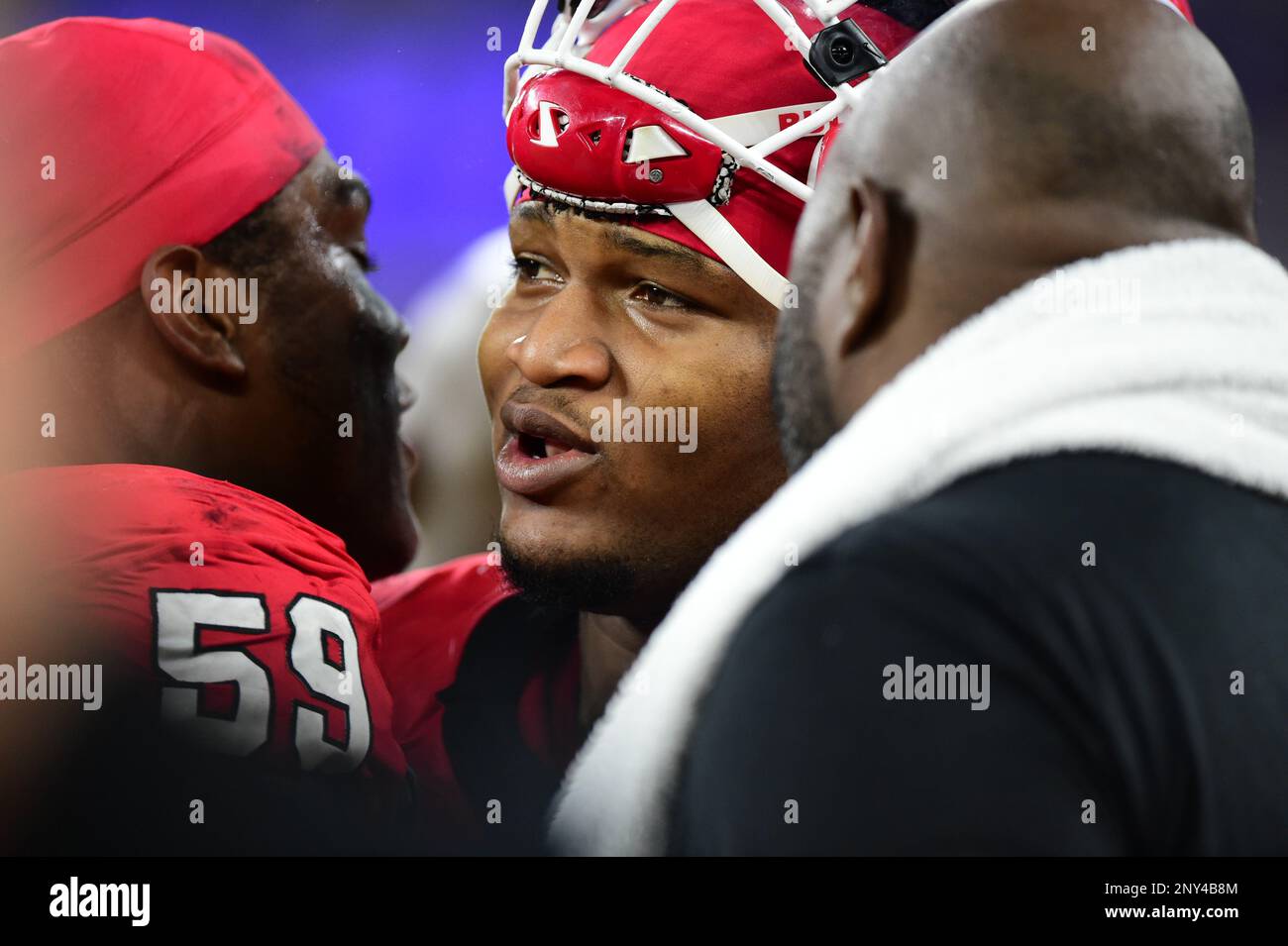 (FILE PHOTOS).An arrest warrant has been issued for potential No. 1 NFL draft pick former Georgia bulldog (88) Jalen Carter for his alleged role in a January traffic crash that killed a teammate and a recruiting staffer for the University of Georgia. Here he is pictured on January 9, 2023 versus the Texas Christian University Horned Frogs during the 2023 National Championship in Los Angeles. The 2023 NFL Draft will be held in Kansas City on April 27, 2023.(Mandatory Credit: Jose Marin/MarinMedia.org/CSM) (Absolute Complete photographer, and credits required) Stock Photo