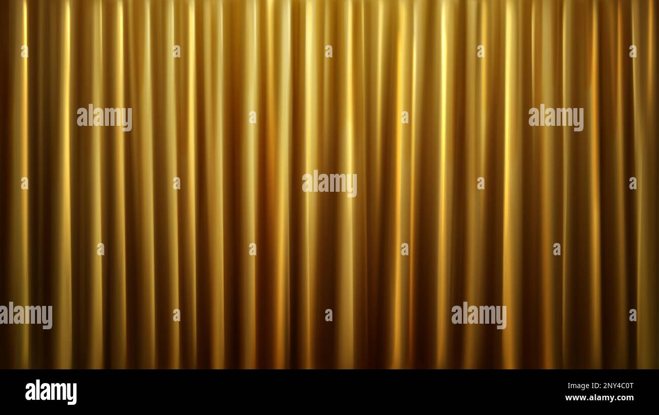 Realistic closed gold cinema curtain background in vector. Theater