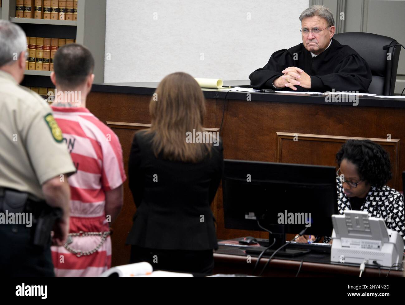 Superior Court Judge James G. Blanchard, Jr., right, sentences Steven