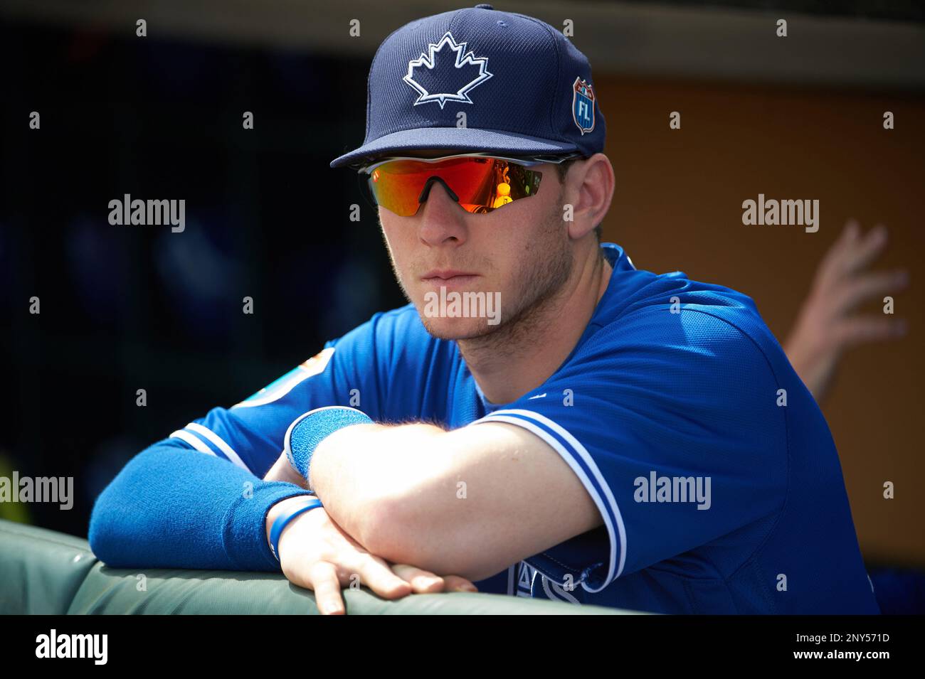 Toronto Blue Jays Danny Jansen (73) in the dugout before a Spring
