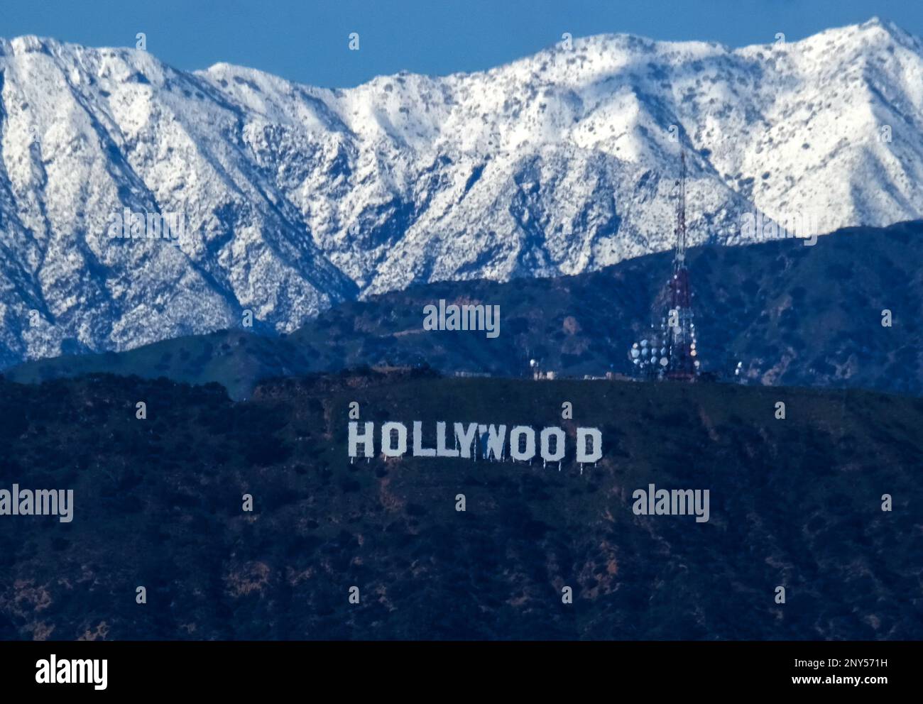 Los Angeles, California, USA. 1st Mar, 2023. After a rare snowstorm in Southern California, snow covered the San Gabriel mountain range are seen behind the Hollywood sign in Los Angeles. (Credit Image: © Ringo Chiu/ZUMA Press Wire) EDITORIAL USAGE ONLY! Not for Commercial USAGE! Credit: ZUMA Press, Inc./Alamy Live News Stock Photo