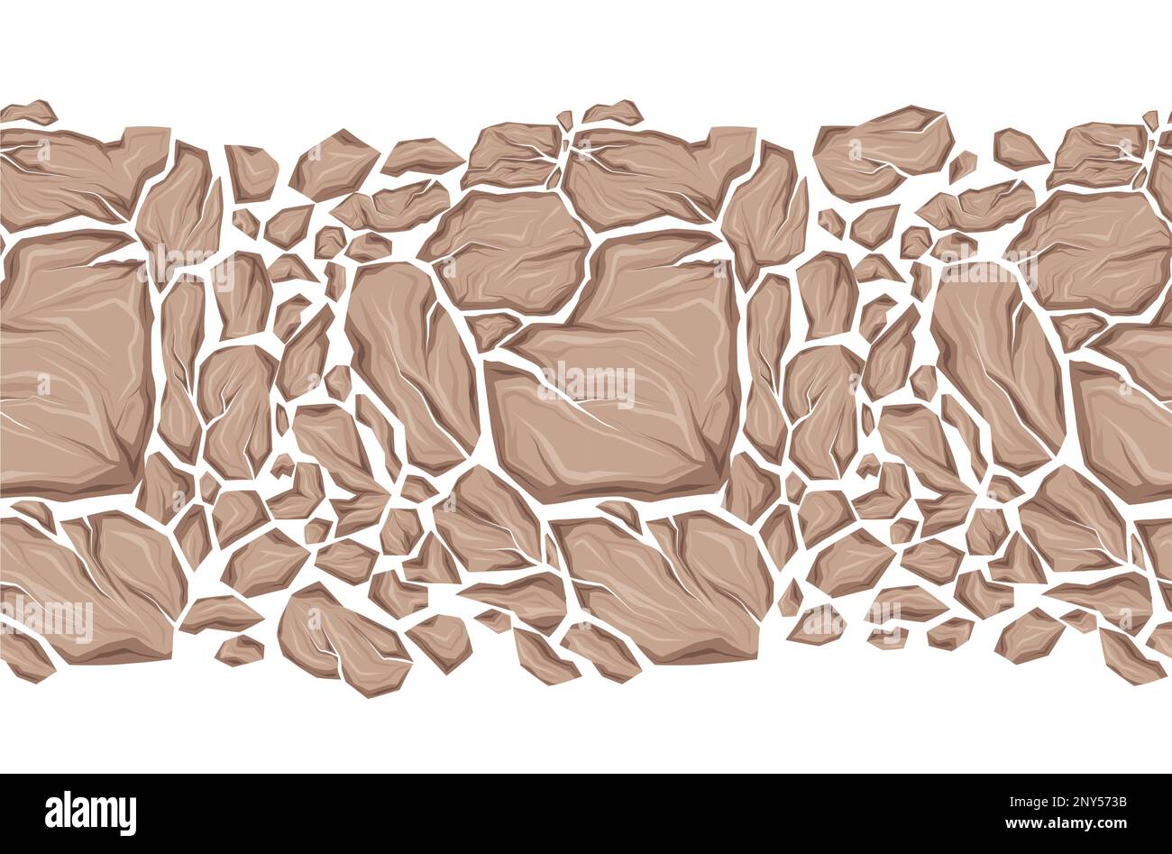 Vector seamless horizontal frame made of dry clay. Texture frieze with cartoon smashed rocks with cracks isolated from background. Frame made of grave Stock Vector
