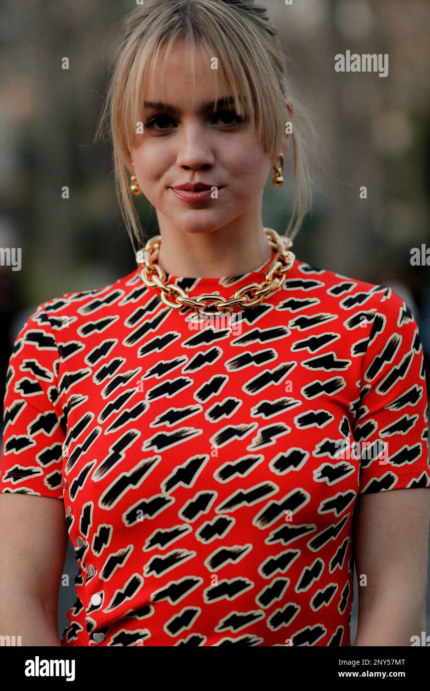 Paris, France. 01st Mar, 2023. Street style, Emma Brooks arriving at